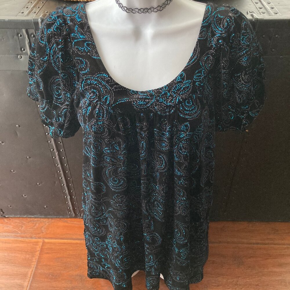 Courtney Black Blue Crystal Beaded Velvet Short Sleeve Top  12